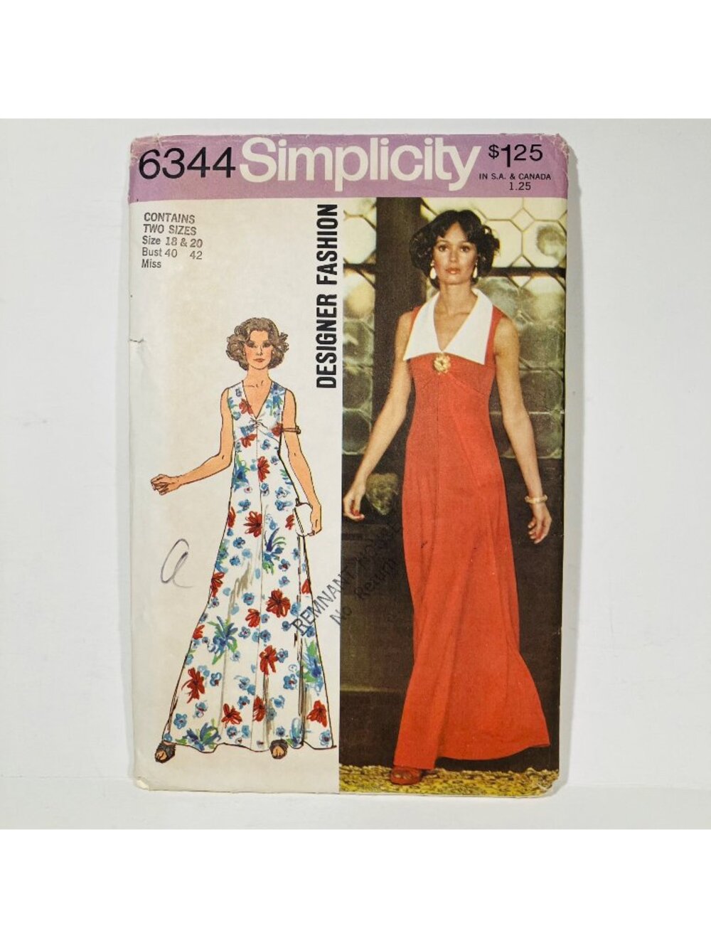 70s Simplicity 6344 18-20 Empire Waist V-Neck Maxi Dress Sewing Pattern FF